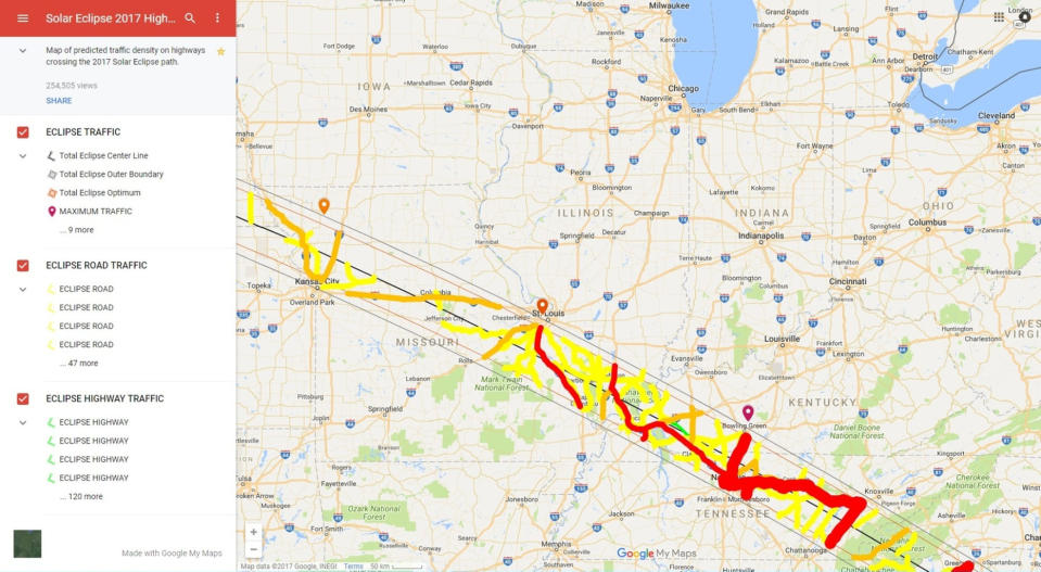 B. Crystal generated this map of predicted traffic density along the Great American Solar Eclipse path. Based on census data, it can be used to plan driving routes on Aug. 21. Maps like this can be loaded into an Android navigation app via the My Maps section of your Google account. Eclipse watchers should try to find a location at least 5 miles (8 kilometers) inside the path. The length of totality drops dramatically near the two edges. <cite><a href="https://www.google.com/maps/d/viewer?mid=1lf1zQElZCKW8f0gTbY_b06wIfA4&ll=39.243509402199116%2C-101.53097025&z=5" rel="nofollow noopener" target="_blank" data-ylk="slk:B Crystal;elm:context_link;itc:0;sec:content-canvas" class="link ">B Crystal</a></cite>