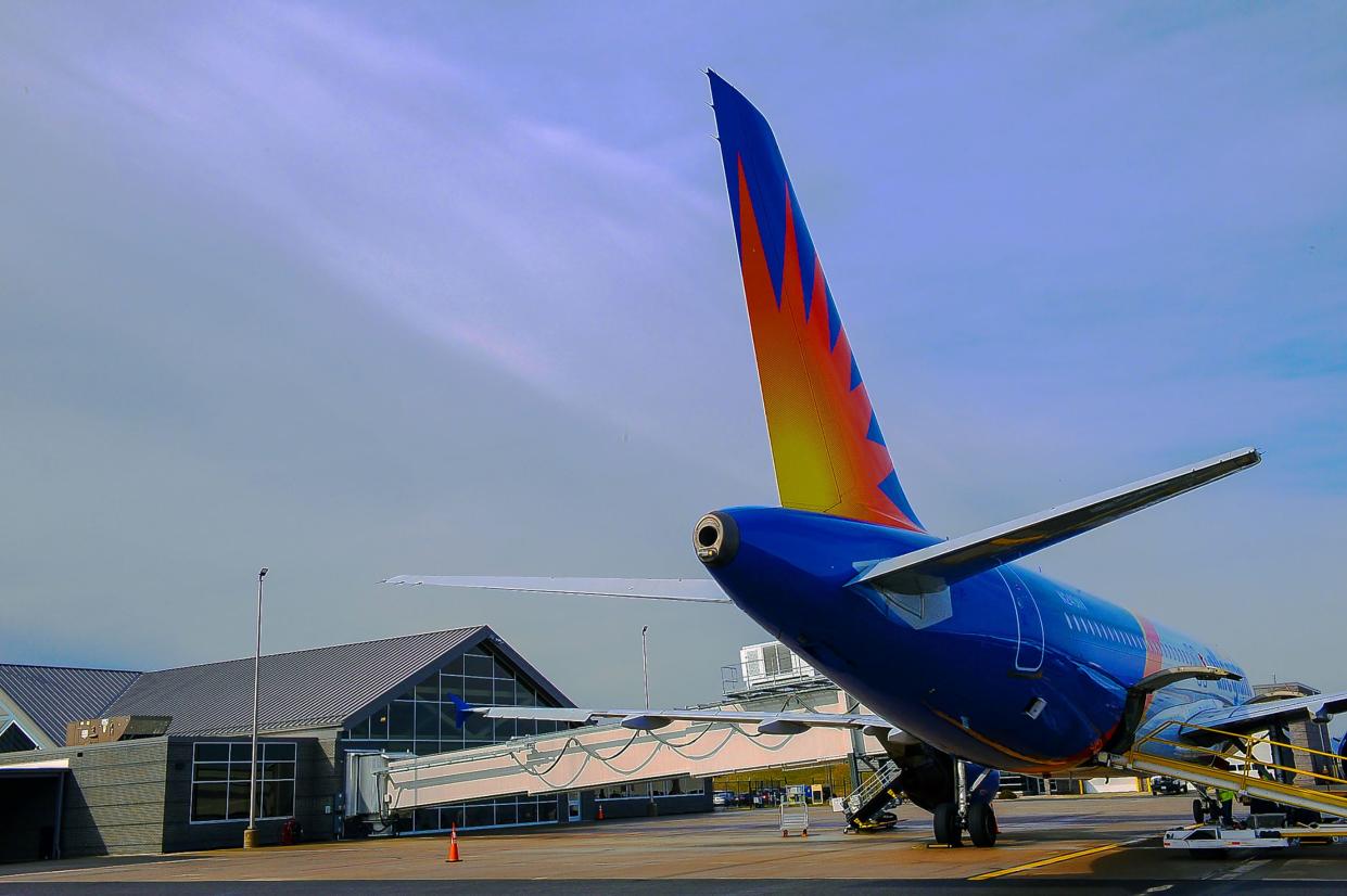 An Allegiant passenger aircraft at the terminal at Hagerstown Regional Airport.