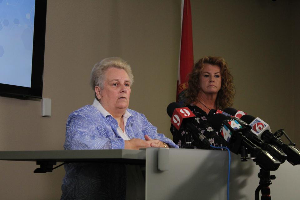 Flagler County School Board Chair Cheryl Massaro addresses the community Thursday, Aug. 24, 2023, during a press conference after Bunnell Elementary's principal and a teacher were placed on administrative leave following a controversial student assembly targeting Black students.