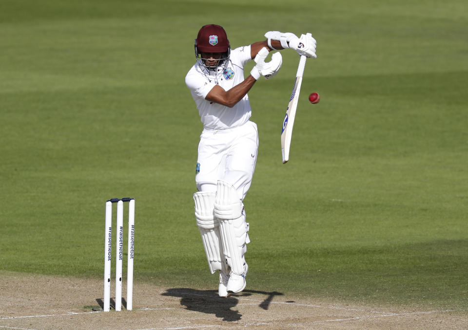 West Indies' Shane Dowrich bats during the third day of the first cricket Test match between England and West Indies, at the Ageas Bowl in Southampton, England, Friday, July 10, 2020. (Adrian Dennis/Pool via AP)