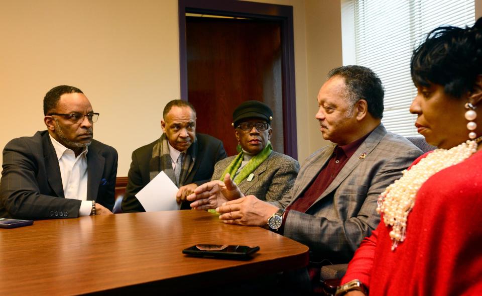 Former state lawmakers Harold Mitchell, Fletcher Smith, Brenda Lee Pryce, with the Rev. Jesse Jackson, and former Spartanburg Councilwoman Linda Dogan, talk about getting out the vote. Jackson took time to visit the United House of Prayer in Spartanburg on Feb. 24, 2020.