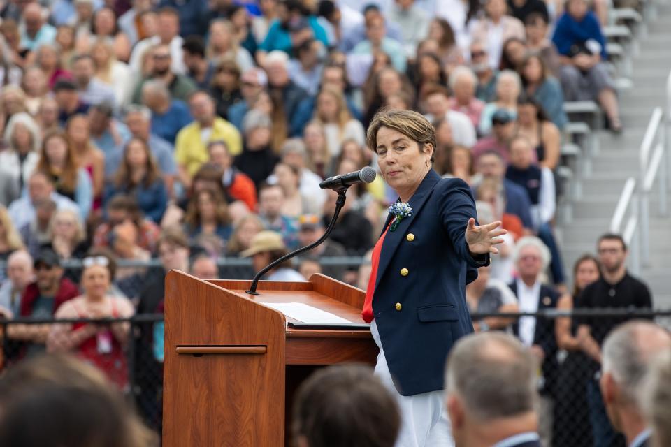 Massachusetts Governor and Winnacunnet Class of 1988 graduate Maura Healey addresses the graduates on Friday, June 7, 2024.