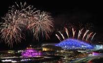 Fireworks are seen over the Olympic Park during the rehearsal of the opening ceremony at the Adler district of Sochi, February 1, 2014. Sochi will host the 2014 Winter Olympic Games from February 7 to February 23. REUTERS/Alexander Demianchuk (RUSSIA - Tags: SPORT OLYMPICS)