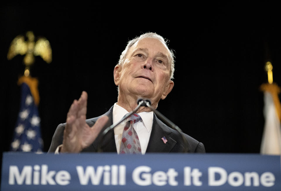 Democratic presidential candidate and former New York City Mayor Michael Bloomberg speaks at a campaign event Wednesday, Feb. 5, 2020, in Providence, R.I. (AP Photo/David Goldman)