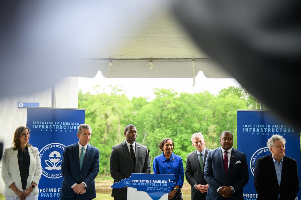 Emily Donovan, left to right, Gov. Roy Cooper, EPA Administrator Michael S. Regan, Brenda Mallory, NC Attorney General Josh Stein, Mayor Mitch Colvin and Ken Cook take questions at a press conference after announcing the first-ever national, legally enforceable drinking water standard for PFAS chemicals on Wednesday, April 10, 2024, at the Hoffer Water Treatment Facility in Fayetteville.