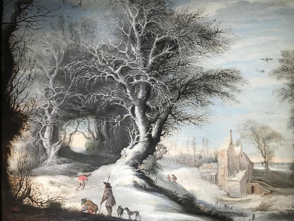 An ice-encrusted outdoor scene dominated by an immense tree and painted by Gysbrecht Leytens, a 17th-century Flemish artist formerly known as the Master of the Winter Landscapes; Galerie Florence de Voldère, 170,000 euros ($202,944).
