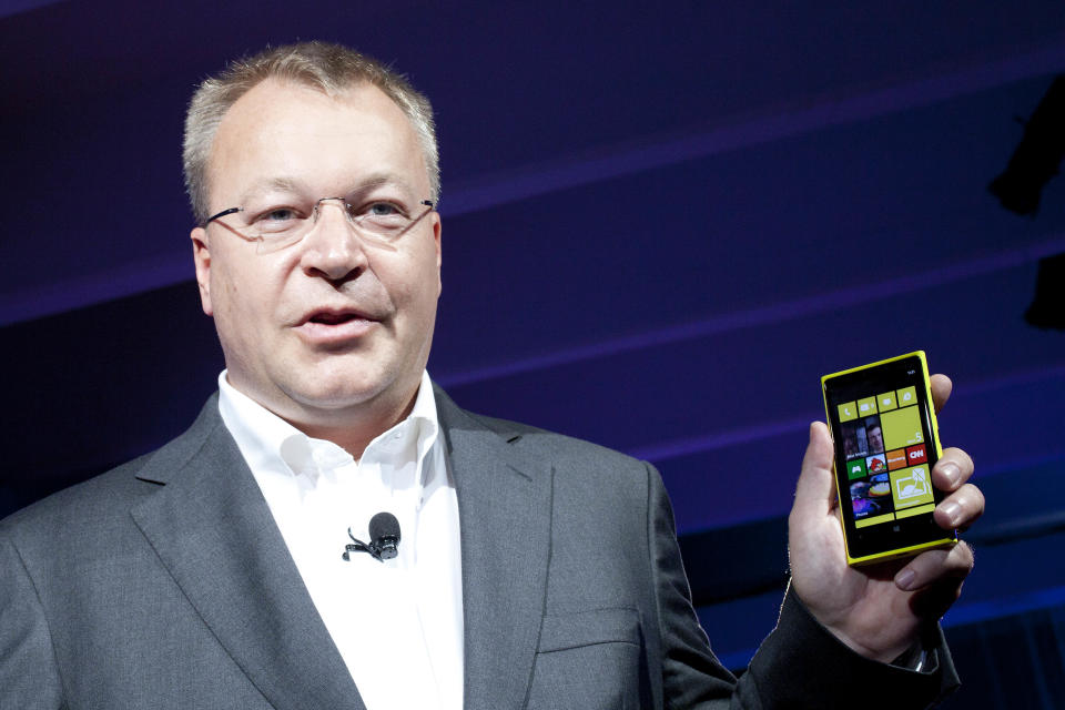 Stephen Elop, CEO of Nokia, introduces its newest smartphone, the Lumia 920, equipped with Microsoft's Windows Phone 8, Wednesday, Sept. 5, 2012 in New York. Nokia revealed its first smartphones to run the next version of Windows, a big step for a company that has bet its future on an alliance with Microsoft. (AP Photo/Mark Lennihan)
