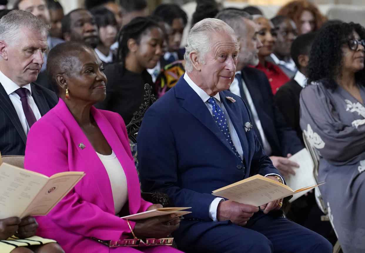 WINDSOR, ENGLAND - JUNE 22: Baroness Amos (L) sits next to King Charles III during a service at St George's Chapel, Windsor Castle for young people, to recognise and celebrate the Windrush 75th Anniversary, on June 22, 2023 in Windsor, England. (Photo by Andrew Matthews - WPA Pool/Getty Images)