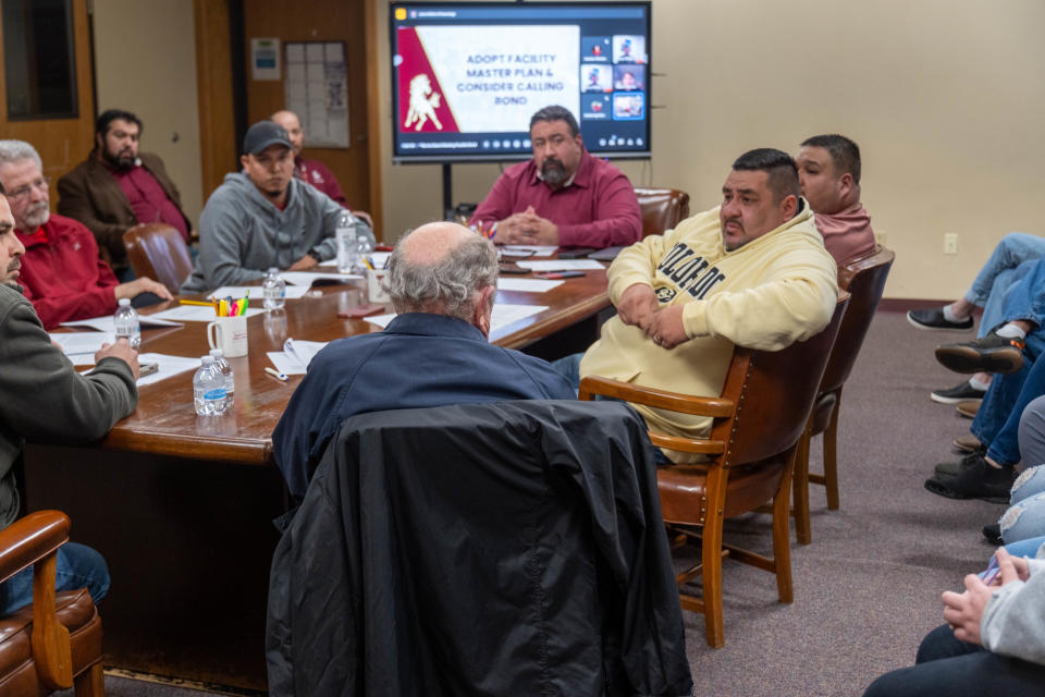 Members of the Bovina Independent School District Board discuss calling for a bond election in May for school security in Bovina.