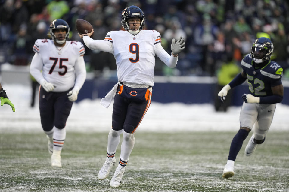 Chicago Bears quarterback Nick Foles (9) passes against the Seattle Seahawks during the second half of an NFL football game, Sunday, Dec. 26, 2021, in Seattle. The Bears won 25-24. (AP Photo/Stephen Brashear)