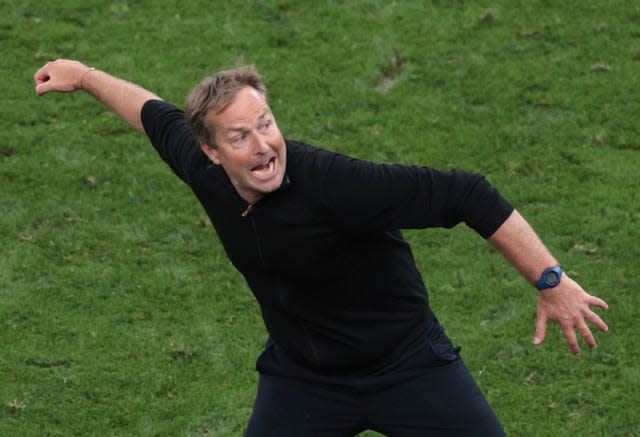 Denmark boss Kasper Hjulmand celebrates (Hannah McKay/AP).