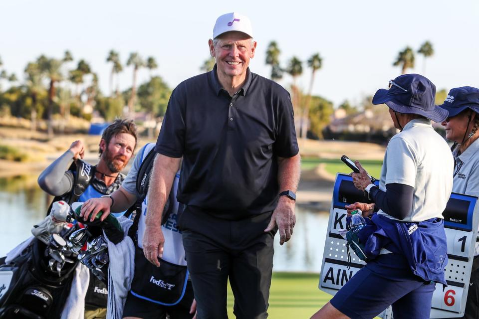 Danny Ainge smiles as he comes off the 18th green of the PGA West Nicklaus Tournament Course during the first round of The American Express in La Quinta, Calif., on Thursday, Jan. 18, 2024.
