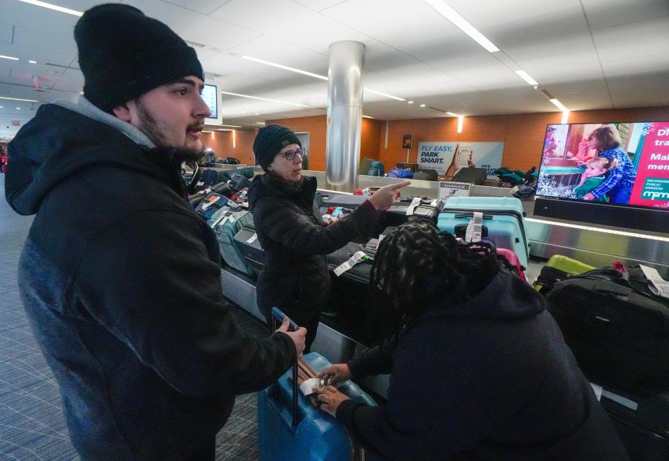 Southwest travelers that did not want to be identified found one of their two suitcases after delays and cancellations around the Christmas holiday causing baggage to accumulate Tuesday, Dec. 27, 2022, at Milwaukee Mitchell International Airport.