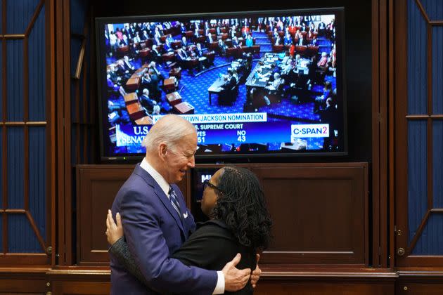 President Joe Biden and Judge Ketanji Brown Jackson watch her Senate confirmation vote together at the White House.  (Photo: MANDEL NGAN via Getty Images)