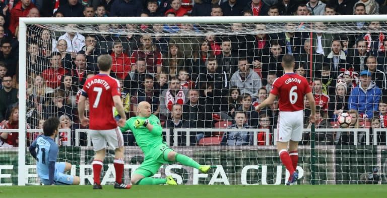 David Silva (left) scores for Manchester City against Middlesbrough at the Riverside Stadium on March 11, 2017