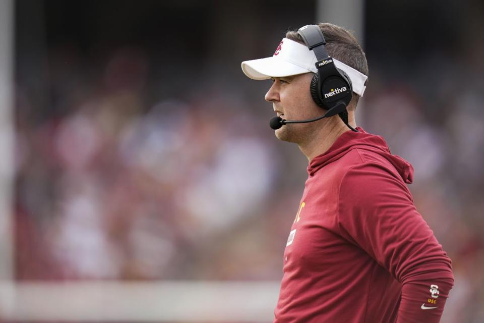 USC coach Lincoln Riley watches the team from the sideline during the first half Sept. 10, 2022.