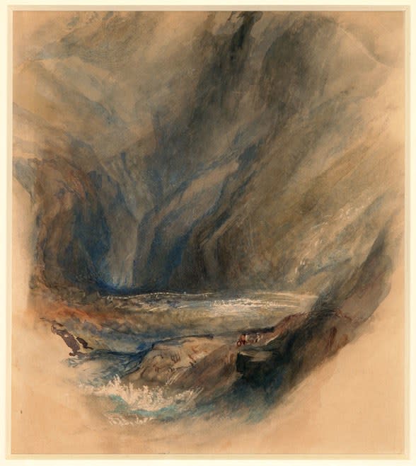 A watercolor-on-paper work of Ruskin's after Turner's 1855 Detail from the Pass to St Gotthard.