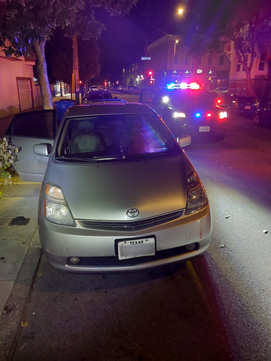 This Toyota Prius, which has a Texas license plate, is connected to the arrest of 30 adults in a prostitution operation (SFPD).