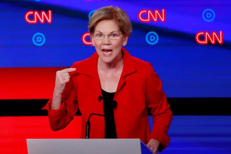 FILE PHOTO: U.S. Senator Elizabeth Warren speaks on the first night of the second 2020 Democratic U.S. presidential debate in Detroit, Michigan, U.S.