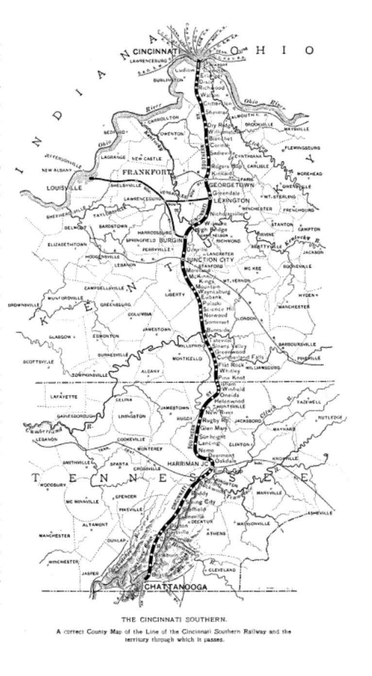 A map of the Cincinnati Southern Railway route, Cincinnati to Chattanooga, from “The Cincinnati Southern Railway: A History,” edited by Charles Gilbert Hall, 1902.