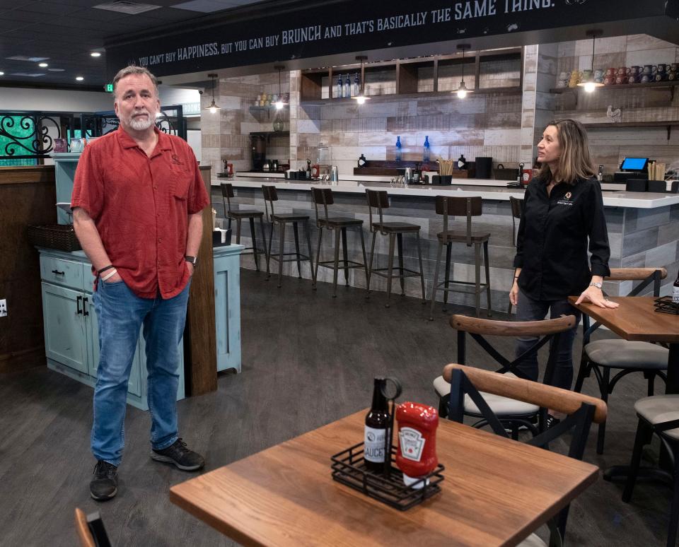 Ronald and Teresa Schier plan for the opening of their newest Another Broken Egg location on Nine Mile Road on Tuesday, March 28, 2023. 