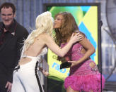 <p>Gwen Stefani congratulates and presents Beyoncé with the 2004 Best Contemporary Album Grammy.</p>