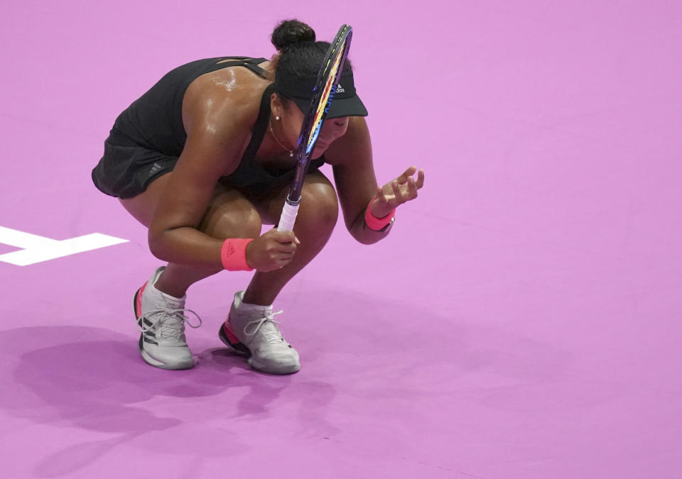 Naomi Osaka, of Japan reacts after loosing point against Karolina Pliskova, of Czech Republic during the final match of the Pan Pacific Open women's tennis tournament in Tokyo Sunday, Sept. 23, 2018. (AP Photo/Eugene Hoshiko)