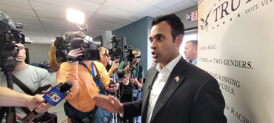 GOP Presidential Candidate Vivek Ramaswamy speaks with reporters in Indianola on Friday Aug. 25, 2023.