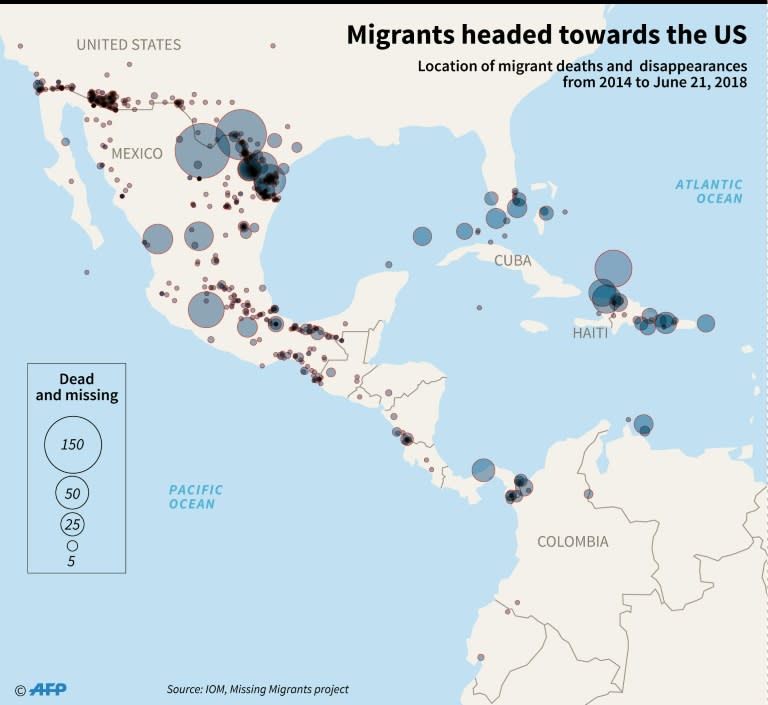 Map locating sites where migrants have disappeared or died trying to reach the United States from 2014 to 2018, according to the International Organization for Migration