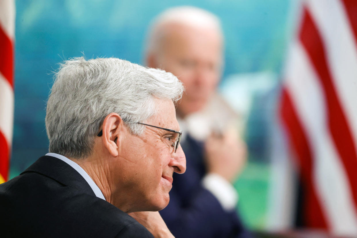 U.S. Attorney General Merrick Garland participates in a video conference