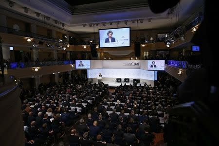 German Defence Minister Ursula von der Leyen talks at the Munich Security Conference in Munich, Germany, February 16, 2018. REUTERS/Michaela Rehle