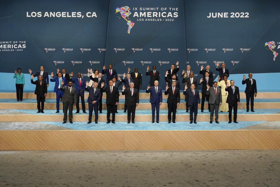 Participants pose for a family photo with heads of state and delegations at the Summit of the Americas, Friday, June 10, 2022, in Los Angeles. (AP Photo/Marcio Jose Sanchez)