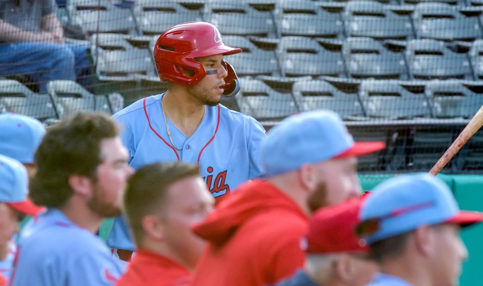 Peoria Chiefs' Joshua Baez watches the Michigan Whitecaps pitcher from the on-deck circle during a game Wednesday, May 15, 2024 at Dozer Park in Peoria.