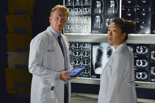 <p>Craig Sjodin/Disney General Entertainment Content via Getty</p> Kevin McKidd and actress Sandra Oh on 'Grey's Anatomy'