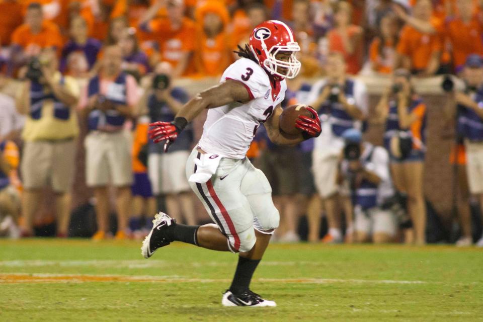 Aug 31, 2013; Clemson, SC, USA; Georgia Bulldogs running back Todd Gurley (3) runs the ball during the fourth quarter against the Clemson Tigers at Clemson Memorial Stadium. Clemson defeated Georgia 38-35. Mandatory Credit: Jeremy Brevard-USA TODAY Sports