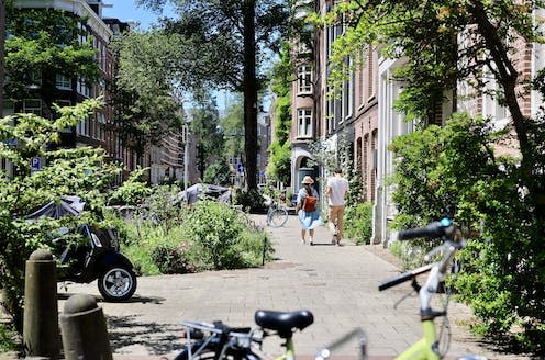 <span class="caption">Amsterdam, Netherlands. Planting trees in urban areas can reduce the impacts of urban heat islands.</span> <span class="attribution"><a class="link " href="https://www.shutterstock.com/image-photo/amsterdam-netherlands-12-june-2022-couple-2179666331" rel="nofollow noopener" target="_blank" data-ylk="slk:Dutch_Photos/Shutterstock;elm:context_link;itc:0;sec:content-canvas">Dutch_Photos/Shutterstock</a></span>