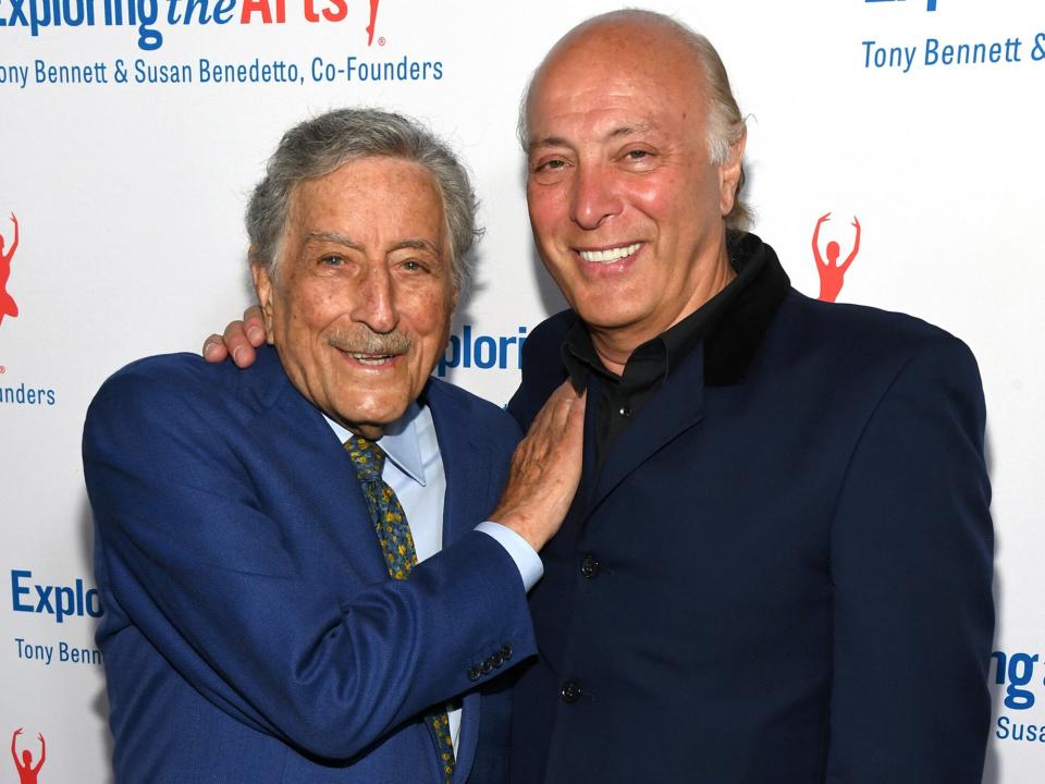 Tony Bennett (L) and Danny Bennett pose as Tony Bennett and Susan Benedetto celebrate the 20th Anniversary of Exploring the Arts on April 12, 2019 in New York City