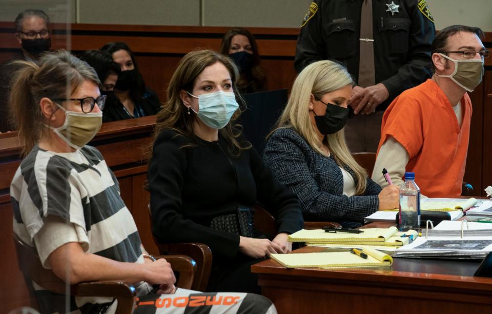 Jennifer Crumbley, left, attorneys Shannon Smith and Muriel Lehman and James Crumbley sit in the courtroom of Judge Julie Nicholson in 52/3 District Court in Rochester Hills on Feb. 24, 2022. The couple is facing involuntary manslaughter charges for allegedly buying the gun that the police say their son used in the shooting that killed four students and injured six other students and a teacher.