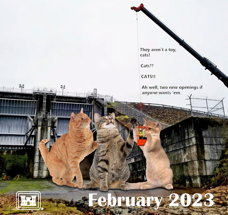 A scene in Unity, Oregon, with cats photoshopped into it was featured in Portland District of the U.S. Army Corps of Engineers' 2023 calendar.