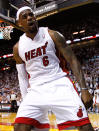 MIAMI, FL - MAY 22: LeBron James #6 of the Miami Heat dunks during Game Five of the Eastern Conference Semifinals in the 2012 NBA Playoffs against the Indiana Pacers at AmericanAirlines Arena on May 22, 2012 in Miami, Florida. NOTE TO USER: User expressly acknowledges and agrees that, by downloading and/or using this Photograph, User is consenting to the terms and conditions of the Getty Images License Agreement. (Photo by Mike Ehrmann/Getty Images)