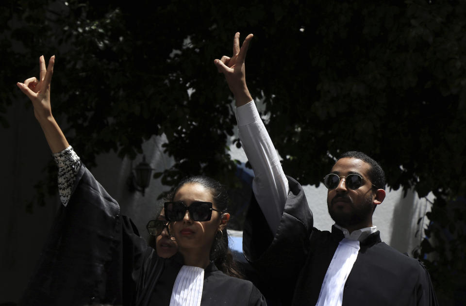 Tunisian lawyers take part in a protest against the recent arrests of their colleagues, in Tunis, Tunisia, Thursday, May 16, 2024. (AP Photo/Anis Mili)