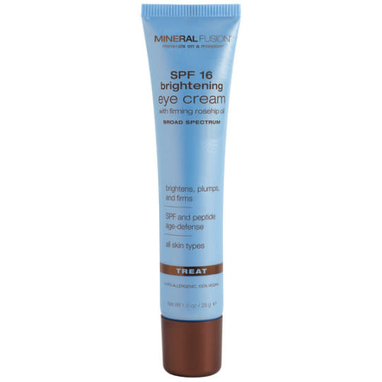 <p>This mineral eye cream applies pretty white, but rubs in instantly for a matte finish. The label says it’s 100 percent vegan, but it’s also gluten, paraben, and phthalate-free. <a href="http://www.mineralfusion.com/collections/skin-care/products/mineral-spf-16-brightening-eye-cream?variant=1235019963" rel="nofollow noopener" target="_blank" data-ylk="slk:Mineral Fusion SPF 16 Brightening Eye Cream;elm:context_link;itc:0;sec:content-canvas" class="link ">Mineral Fusion SPF 16 Brightening Eye Cream</a> ($25) </p>