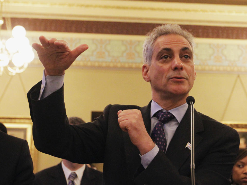 FILE - In this May 8, 2012 file photo, Chicago Mayor Rahm Emanuel testifies during the House Committee Hearing on Personnel and Pensions at the Capitol in Springfield, Ill. Late Monday , March 31, 2014, Emanuel proposed to raise property taxes while increasing the amount of money city workers contribute to their retirement as a way to cut about half of the city's pension debt. (AP Photo/Seth Perlman, File)