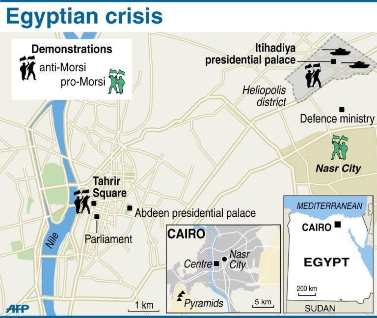 Map of the centre of Cairo locating pro-and anti-Morsi protests