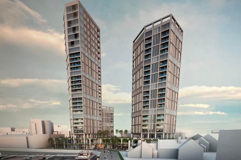 How three towers at Shepherds Wharf, Plymouth could look, on left a 29-storey block, with a 23-storey tower to the right, and a 12-storey building slightly to the rear -Credit:Clifton Emery Design
