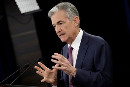 FILE PHOTO: Federal Reserve Board Chairman Jerome Powell speaks at his news conference after the two-day meeting of the Federal Open Market Committee (FOMC) on interest rate policy in Washington, U.S., June 13, 2018./File Photo