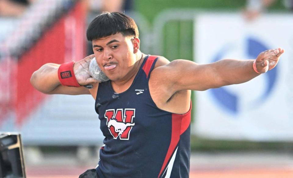 Tualre Western’s Jose Soto in the Boys Shot Put at the 2023 CIF California Track & Field State Championship finals Saturday, May 27, 2023 in Clovis.