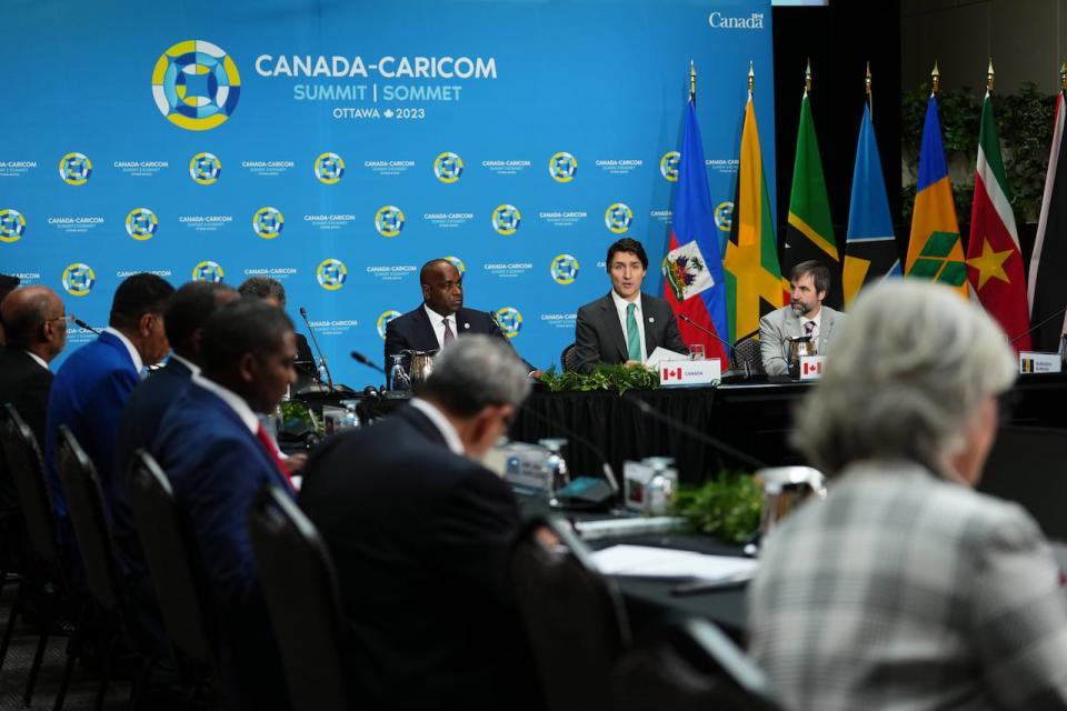 Prime Minister Justin Trudeau speaks during the first working session at the Canada-CARICOM summit in Ottawa on Wednesday, Oct.18, 2023. 