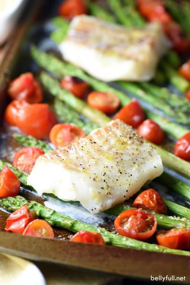 <p><a href="https://bellyfull.net/sheet-pan-cod-with-asparagus-and-cherry-tomatoes/" rel="nofollow noopener" target="_blank" data-ylk="slk:Belly Full;elm:context_link;itc:0;sec:content-canvas" class="link ">Belly Full</a></p><p>This Baked Cod Sheet Pan Dinner is beautiful, healthy and delicious. It’s a super quick and low-carb weeknight dinner with easy clean-up!</p><p><strong>Get the recipe: <a href="https://bellyfull.net/sheet-pan-cod-with-asparagus-and-cherry-tomatoes/" rel="nofollow noopener" target="_blank" data-ylk="slk:Baked Cod Sheet Pan Dinner;elm:context_link;itc:0;sec:content-canvas" class="link ">Baked Cod Sheet Pan Dinner</a></strong></p>