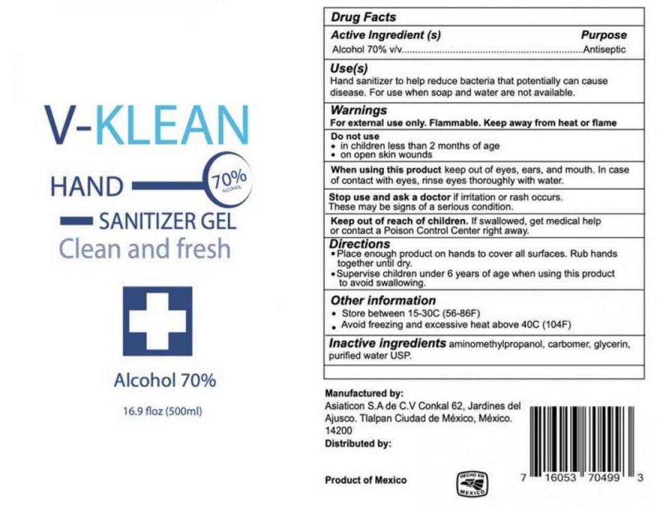 Recalled V-Klean Hand Sanitizer